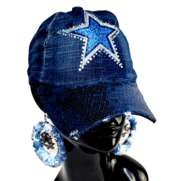 Dallas Star Denim Distressed Adj. Football Cap with Crystals & Studs. - Picture 3 of 3